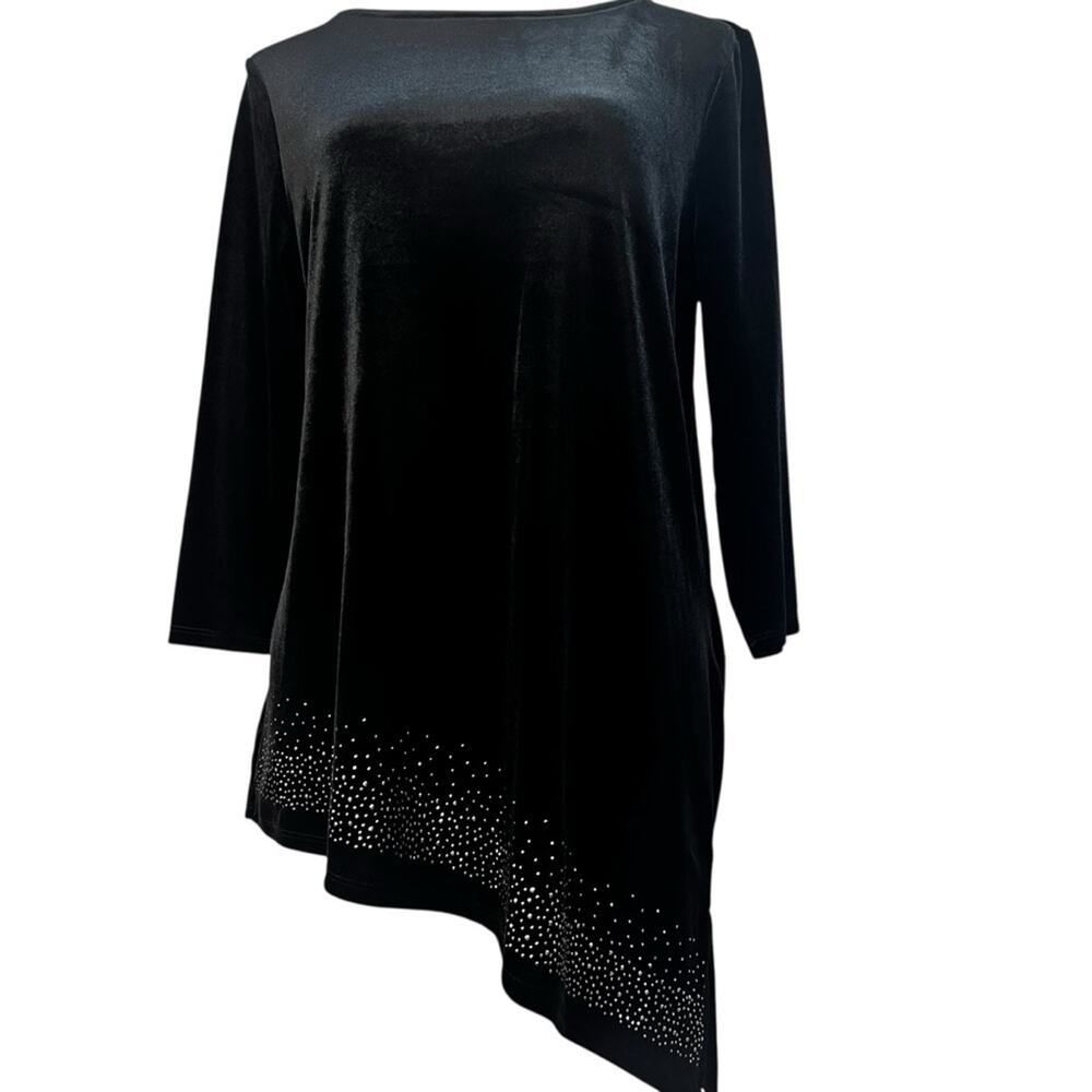 Chico’s Black Velvet Tunic Y2k – Asymmetrical Rhinestone Hem | Size 1 = Medium